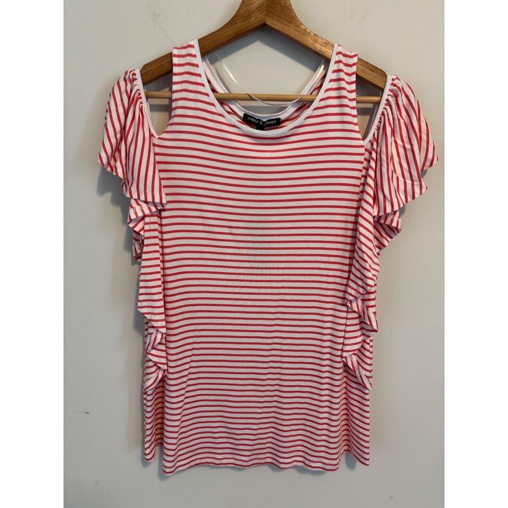 Cable & Gauge Womens Red White Striped Cold Shoulder Ruffle Top Large NWT